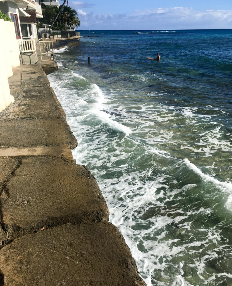 Silver Stairs is a spot where people go to jump off the wall into the ocean. It is also a place many surfers paddle to since it’s easier to get back to the beach. This is a very popular spot for locals since not many tourists know about it. Photo by Trustan Kekauoha 2017.