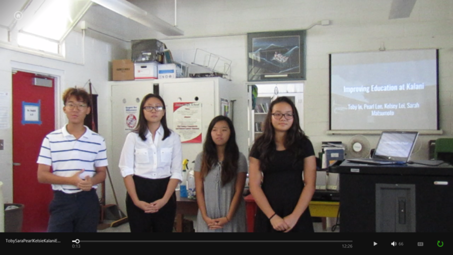 AP Seminar students present to their classmates, from left to right, Toby In, Kelsey Lei, Sarah Matsumura and Pearl Lee.