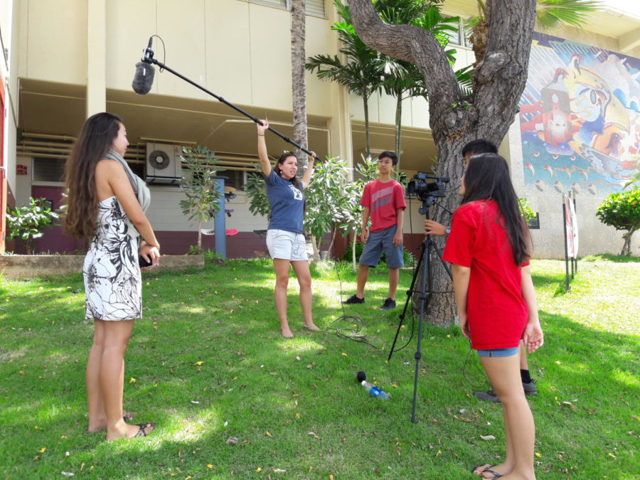 Nikki, a proud Falcon alumna, visited from PBSHawaii and gave the Morning Bulletin class tips on framing and using the boom mic.