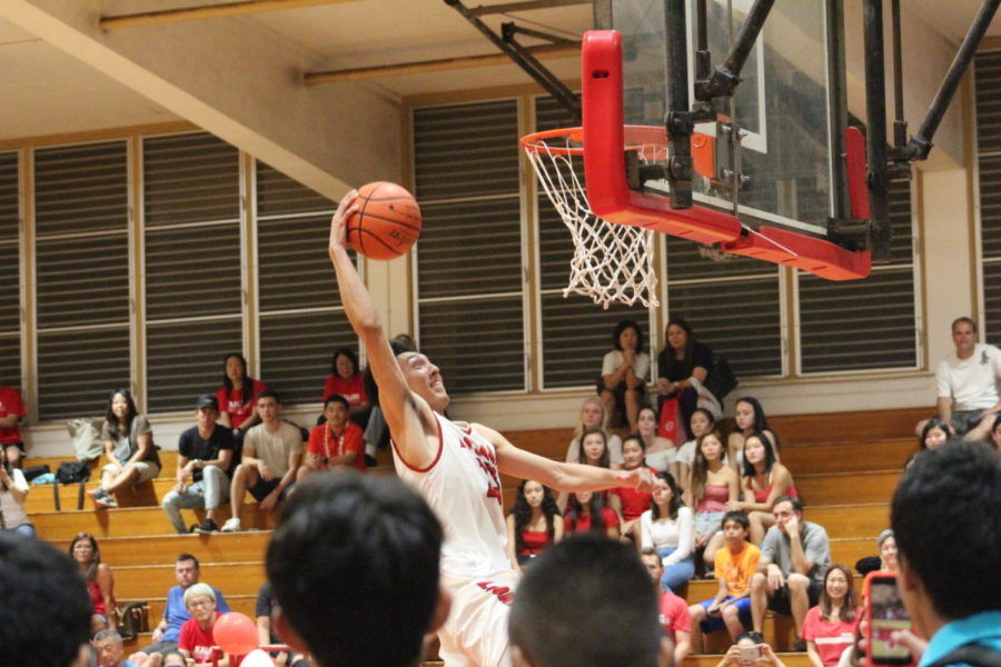 Senior Kapaa Nishimura takes his last shot on Senior Night after Kalani defeated Kaimuki 68-44. Photo by Noah Tamura 2018. 