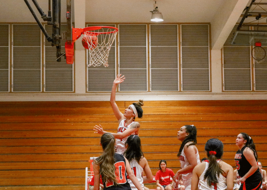 Kamakawiwoʻole goes up for an easy basket against Campbell in Kalani Girls Basketball first pre-season game. The Falcons went over to win the game 83 to 17. Photo by Serena Wong 2018. 