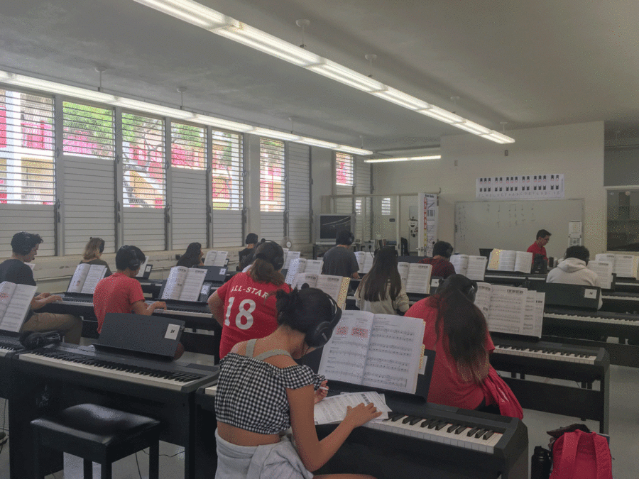 Students in Piano class practice on individual keyboards. Photo by Nikki Sakamoto 2018. 