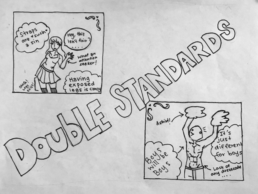 Double Standards editorial cartoon by Lauren Vierra 2019. 
