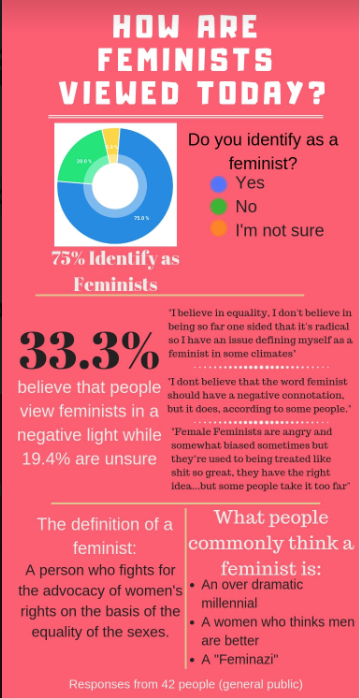 How are feminists viewed today? An infographic made using Canva by Lucy Fagan and Lauren Vierra 2019.