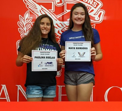 Seniors Paulina Ruelas, a four-year Kalani swimmer, and Maya Hanaoka, a four-year volleyball player, signed to continue to play their sports in college on Tuesday, Nov. 26. Photo by Lucy Fagan 2019.  