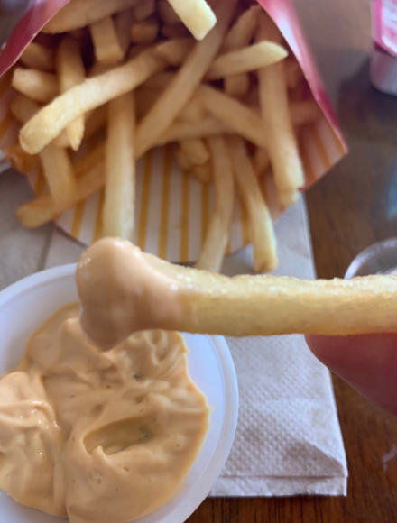 A fry is dipped in Big Mac Sauce from McDonalds secret menu. Photo by Lin Meyers 2019. 