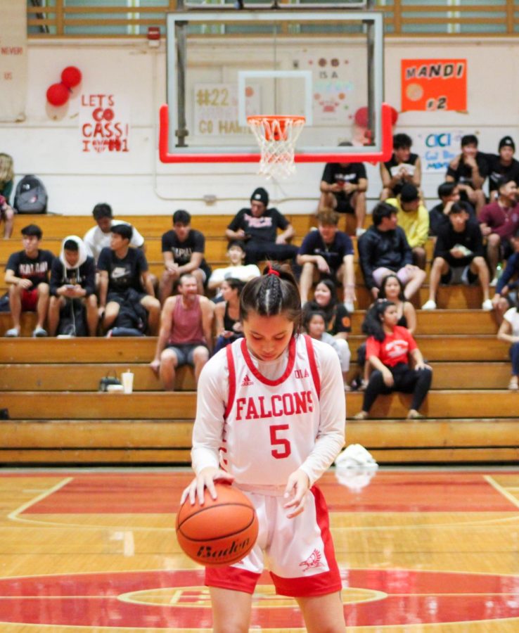 Lile Oyama (12) dribbles before sinking her second free-throw to put Kalani above Kaiser 15-14 halfway through the second quarter. Oyama had 11 points and made 3 of her 5 free-throw attempts. She fouled out of the game in the fourth quarter. Photo by Annyssa Troy 2020. 