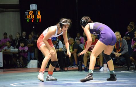 Paulino faces off with her opponent. at the finals of the State Championship Wrestling competition on Feb. 22. Photo courtesy of Emily Paulino.