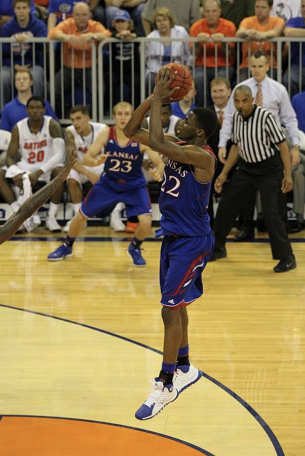 Andrew Wiggins of the Kansas Jayhawks lines up a jump shot in front of the basket on Dec. 10, 2013. Photo by	Dennis Adair.
