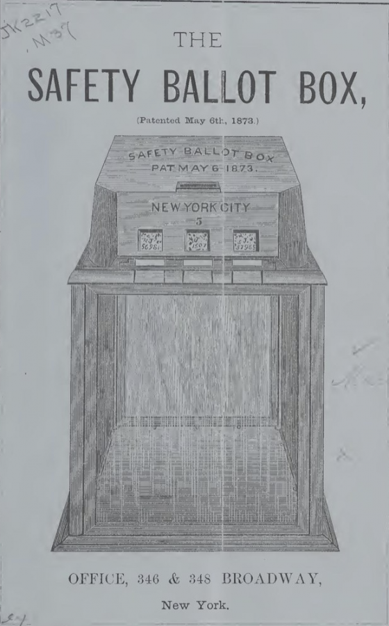 The safety ballot box, New York, patented May 6th, 1873. Library of Congress. Wiki Commons. 