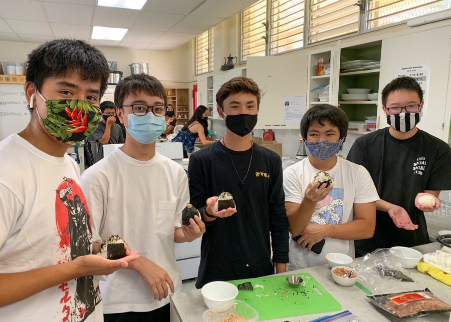 Students in Mrs. Kleins Japanese class made onigiri at the end of October 2021. From left to right: Mark Brehm, Shinsei May, Nicholas Au, Landon Kishaba, and Christian Kimura. Photo courtesy of Mrs. Klein. 