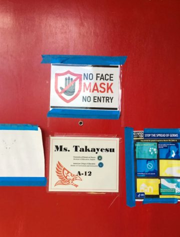At Kalani High School, a classroom displays a no face mask, no entry sign in the doorway in regards to safety against this ongoing pandemic. This shows how the Kalani community cares for students and is trying to stop of spread of COVID-19. Posters and reminders like these are seen throughout the campus which demonstrates the concern that Kalani provides. The images also shows ways to stop the spread and how students can make a difference on campus. Kalani is able to provide security and guidance for COVID-19.