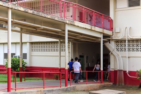 Students walk down the hall between C and D Buildings at Kalani High School. The campus is painted in the school colors, red and white. Kalani embodies a diverse group of students and provides a variety of opportunities. In each classroom, there is a teacher to provide a learning environment to help students succeed academically and prepare them for the real world. 