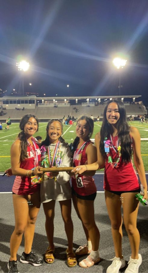 This is me and the girls posing for a pic after finish sixth in the 4x400 at the Hawaii State Track & Field Finals on Saturday, May 10. Jasey Friel (12) ran third, I ran lead, Ryan Kaneko (12) ran second, and Koko Watanabe (12) took us home. 