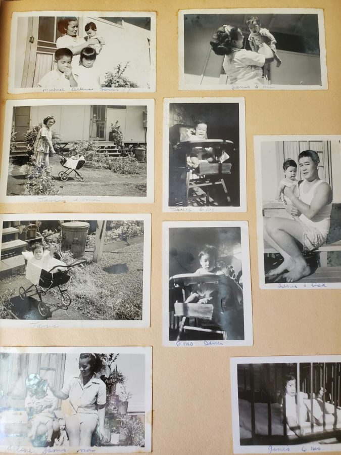Black and white photographs of     Masako and Noboru, anglicized as    Ellen and Wane respectively, with their two young daughters, Arlene and Janis at their Palolo home. According to Janis Yahiku, anglicizing their names was a personal choice because they wanted to “identify with Americans” during World War II. Photo and cutline by Emily Velasco. 