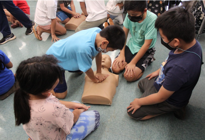 Four Waialae Elementary 5th graders practice CPR on the CPR mannequins under the guidance of Kalani HOSA students. 