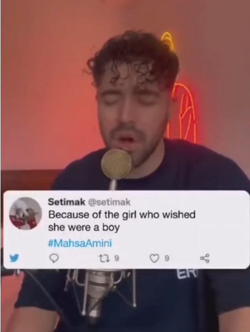 A screenshot taken from a recording of Shervin Hajipour singing Baraye on his Instagram. The tweets that inspired the lyrics to the song showed on screen as he sang. The video was removed from Hajipour’s Instagram by the Iranian government shortly after his arrest on Sept. 28, 2022. 