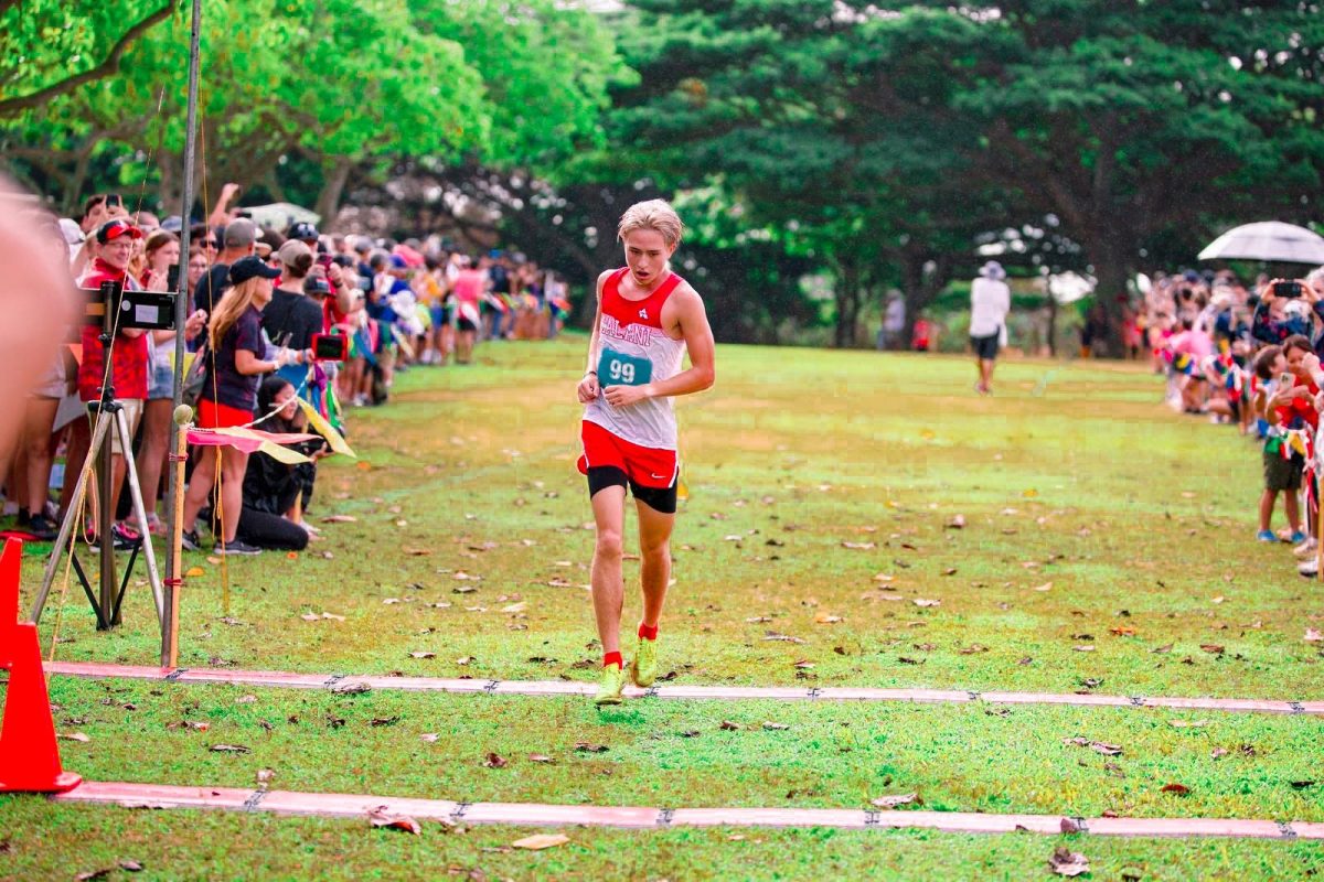 Yuta Cole (12) as he crosses the finish line in the first earning himself the individual state championship title at the Hawaii High School Athletic Association (HHSAA) Cross Country meet held at Central Oahu Regional Park on November 4th, 2023.