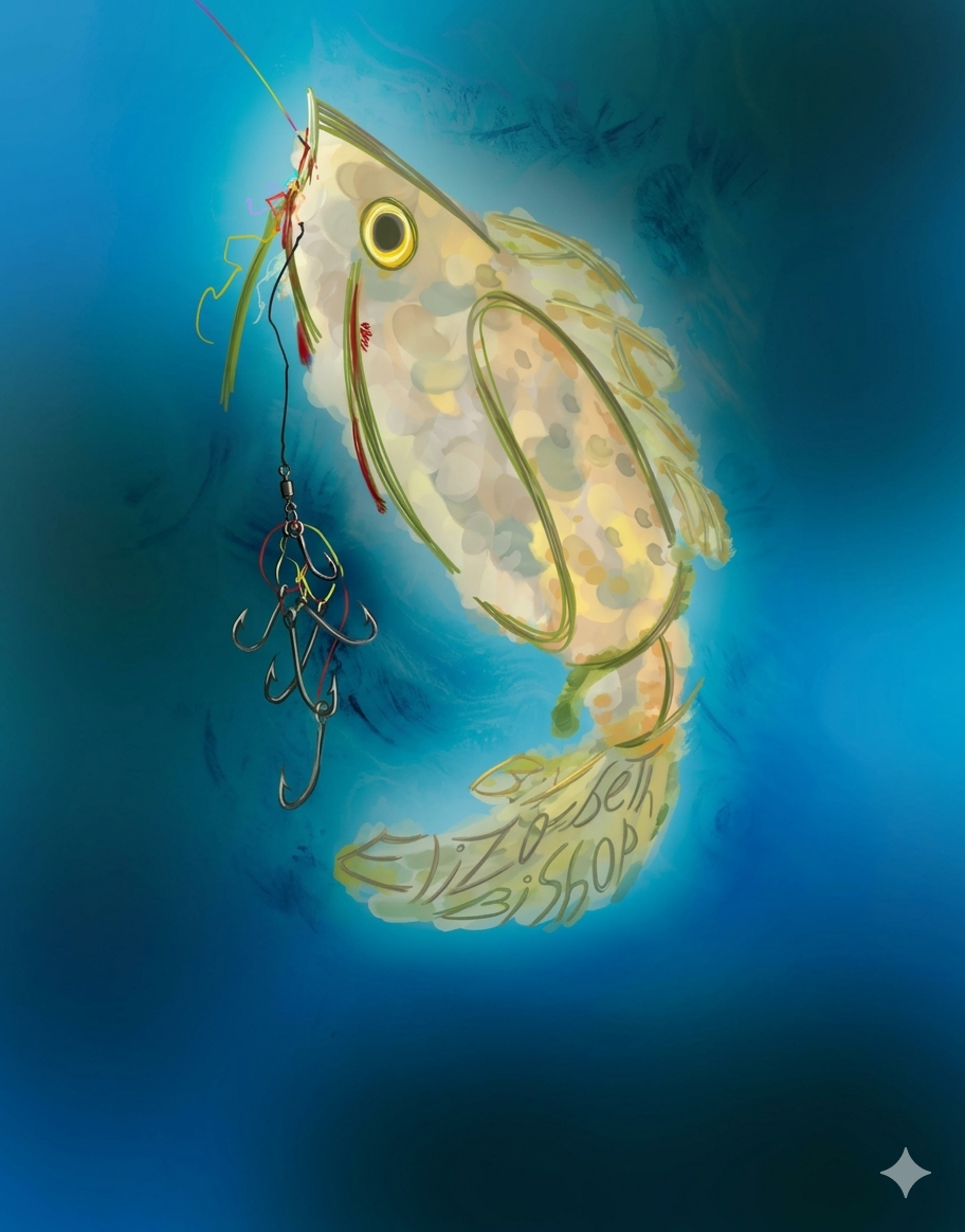 This illustration is an interpretation of the survivor in Elizabeth Bishop's poem "The Fish." The piece shows the poem's themes of endurance, battle scars, and the harsh reality of nature. Original art represents the effort and skill of the artist, unlike machine-made art. Let’s choose authenticity and transparency over artifice and theft.